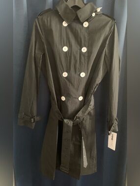 Jane Post Black Crinkle Nylon Trench Coat with Detachable Hood